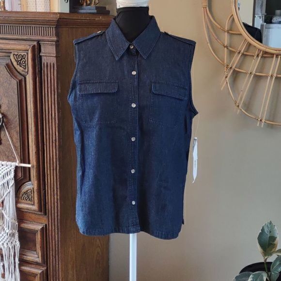 Josephine Chaus Petite Sleeveless Cotton Button‎ Down Denim Shirt Sz L - Picture 1 of 12